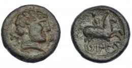 98 - HISPANIA ANTIGUA. TABANIU. Unidad. A/ Cabeza masculina a der., delante delfín, detrás TaBa. R/ Jinete lancero a der., debajo TaBaNIU. AE 12,95 g. 25,6 mm. I-884. ACIP-1605. MBC-/BC+. Rara.
