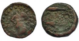 HISPANIA ANTIGUA. ABDERA. Mitad. A/ Cabeza con casco a izq. R/ Atún y delfín a izq., en medio ´bdrt. AE 4,9 g. 20 mm. I-18. ACIP-882. Pátina marrón. BC+. Rarísima.