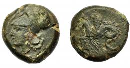 GRECIA ANTIGUA. SICILIA. Siracusa. Triantes (345-317 a.C.). A/ Cabeza de Atenea a izq. R/ Hipocampo a izq. AE 6,26 g. 16,6 mm. COP-721. SBG-no. Pátina verde. MBC.