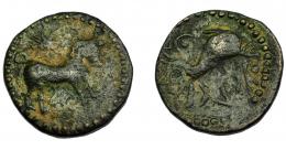 HISPANIA ANTIGUA. ASIDO. Semis. A/ Toro a der., encima estrella. R/ Delfín, detrás creciente con punto, debajo ´sdnbl y caduceo. AE 7,4 g. 23 mm. I-158. ACIP-914. Pátina verde oscuro. BC+/MBC-.