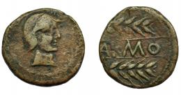 HISPANIA ANTIGUA. CARMO. As. A/ Cabeza con casco a der., alrededor láurea. R/ Dos espigas, en medio entre líneas (C)ARMO. AE 14,76 g. 28,7 mm. I-454. ACIP-2382. Pátina marrón. MBC-.