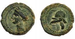 HISPANIA ANTIGUA. EMISIONES HISPANO-CARTAGINESAS. 1/4 de calco. A/ Cabeza de Tanit a izq. R/ Casco a izq. AE 1,83 g. 13 mm. I-521. ACIP-583. Pátina verde. MBC/MBC+.