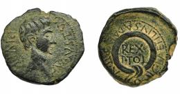 HISPANIA ANTIGUA. CARTAHAGO NOVA. Augusto. Semis. A/ Cabeza a der.; AVGVSTVS DIVI F. R/ Corona rodeando; REX/PTOL; C LAETITLIVS APALVS II V Q. AE 5,6 g. 20,4 mm. I-590. APRH-172a. ACIP-3142a. Pátina verde oscuro. MBC-.