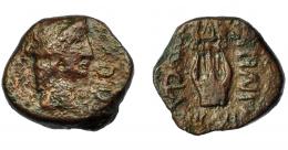 HISPANIA ANTIGUA. CARTEIA. Semis. A/ Cabeza de Apolo a der., delante EX D D. R/ Lira, a der. L ATINI, a izq. C NVCIA, debajo IIII VIR. AE 5,68 g. 19,4 mm.  I-679. APRH-115. ACIP-2607. Pátina marrón. BC/MBC-. Muy escasa.