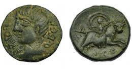 HISPANIA ANTIGUA. INCIERTAS DE CASTULO. As. A/ Cabeza masculina a izq.; Q ISC F L QVL F. R/ Europa cabalgando toro a der., debajo M C F. AE 12,07 g. 26,2 mm. Pátina verde. MBC.