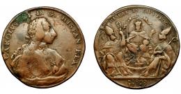 CARLOS III. Medalla proclamación. Sevilla. 1759. AE 34,5 mm. H-40 vte. MPN-69. Oxidación en anv. MBC-.