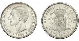 ALFONSO XII. 5 pesetas 1881 *18-81. Segunda estrella parcialmente visible. Madrid. MSM. VII-87. MBC+/EBC-.