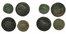 HISPANIA ANTIGUA. Lote de 4 monedas: 1 dupondio de Colonia Patricia, 1 dupondio de Colonia Romula, un as de Colonia Caesar Augusta y un semis de Castulo. De BC+ a MBC.