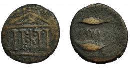 HISPANIA ANTIGUA. ABDERA. Unidad. A/ Templo. R/ Dos atunes a izq., en medio ´bdrt. I-10. ACIP-874. Pátina oscura. BC+. Escasa.