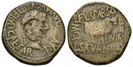 HISPANIA ANTIGUA. CALAGURRIS. Tiberio. As. A/ Cabeza laureada a der.; TI AVGVS DIVI F IMP CAESAR. R/ Toro a der., detrás M C I, delante II/VIR, encima L FVL SPARSO, debajo L SATVRNINO. Resello cabeza de águila en anv. AE 12,89 g. 27,6 mm. I-429. APRH-448d. ACIP-3128c. BC+.