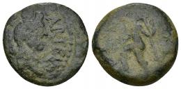 HISPANIA ANTIGUA. CARTEIA. Semis. A/ Cabeza femenina a der. con corona turriforme, delante CARTEIA. R/ Neptuno a izq. con pie sobre roca, delfín y tridente (D D). AE 6,46 g. 20,7 mm. I-663. APRH-122. ACIP-2615. Algo descentrada. BC.