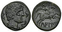 HISPANIA ANTIGUA. LAKINE. Unidad. A/ Cabeza masculina con torques a der., alrededor tres delfines. R/ Jinete con palma a der., debajo sobre línea LAKiNE. AE 11,24 g. 24,9 mm. I-1656. ACIP-1505. Pátina oscura. EBC+.