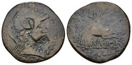 HISPANIA ANTIGUA. EMPORITON. As. Doble resello DD y delfín en anv. AE 8,59 g. 28,4 mm. I-1247. APRH-257a. ACIP-1100. BC+.