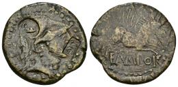 HISPANIA ANTIGUA. EMPORITON. As. Doble resello DD y delfín en anv. AE 9,96 g. 28,7 mm. I-1247. APRH-257a. ACIP-1100. MBC-/BC+. Ex colección Guadán, nº 205.