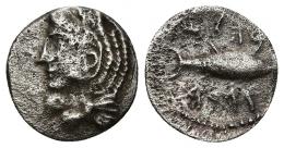 HISPANIA ANTIGUA. GADIR. Hemidracma. A/ Cabeza de Melkart con leonté a izq. R/ Atún a der.; encima y debajo ley. fenicia mp'l/'gdr. AR 1,49 g. 12,7 mm. I-1308. ACIP-634. Porosidades. MBC.