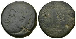 HISPANIA ANTIGUA. GADES. Sestercio. Augusto. A/ Cabeza de Melkart a izq. con leonté y clava R/ Acrostolio; M AGRIPPA COS III MVNICI PAREN. AE 43,08 g. 37,6 mm. APRH-78. ACIP-3308. CC-4098, mismo ejemplar. Pátina oscura. Golpe de cizalla en anv. BC/RC. Rarísima. Ex colección Cores.