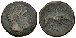 HISPANIA ANTIGUA. ILTIRTA. As. A/ Cabeza masculina con collar a der. R/ Lobo avanzando a der., encima ILTiRTa. AE 6,56 g. 21,5 mm. I-1477. ACIP-1273. MBC-.