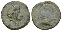 HISPANIA ANTIGUA. OBULCO. Semis reacuñado sobre Castulo. AE 5,07 g. 19,2 mm. Golpecito en anv. Pátina verde. BC+.