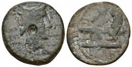 HISPANIA ANTIGUA. SAGUNTO. As. A/ Cabeza con casco alado a der.; (M SAGL) SEMP VETO. R/ Proa a der.; L FAB(I). AE 14,21 g. 30,1 mm. I-2087. APRH-200. ACIP-2025-6. Punzón en anv. BC-. Rara.
