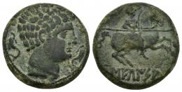 HISPANIA ANTIGUA. SEKAISA. Unidad. A/ Cabeza masculina con collar a der., delante y detrás delfines. R/ Jinete lancero a der., en exergo SEKaISA. AE 10,69 g. 24,2 mm. I-2131 ACIP-1560. Pátina verde. MBC/MBC-.