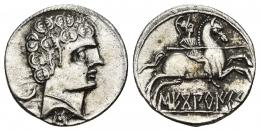 HISPANIA ANTIGUA. SEKOBIRIKES. Denario. A/ Cabeza masculina a der., detrás creciente, debajo signo ibérico S. R/ Jinete lancero a der., debajo sobre línea SEKoBiRIKeS. AR 3 g. 18,7 mm. I-2168. ACIP-1869. Limpiada. MBC. Escasa.