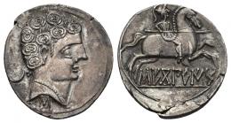 HISPANIA ANTIGUA. SEKOBIRIKES. Denario. A/ Cabeza masculina a der., detrás creciente, debajo signo ibérico S, tres puntos en la nuca. R/ Jinete lancero a der. con un pie visible, debajo sobre línea SEKoBiRIKeS. AR 3,7 g. 19,3 mm. I-2171. ACIP-1872. Cospel abierto. EBC-. Escasa.