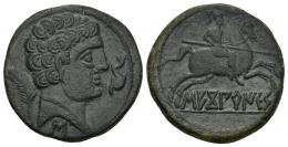 HISPANIA ANTIGUA. SEKOBIRIKES. Unidad. A/ Cabeza masculina con collar a der., delante delfín, detrás palma y debajo signo ibérico S. R/ Jinete lancero a der., debajo sobre línea SEKoBiRIKeS. AE 10,1 g. 26,3 mm. I-2176. ACIP-1876. Pátina verde oscuro. MBC+/MBC.