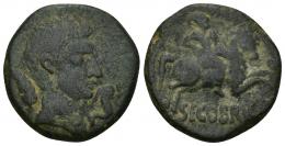 HISPANIA ANTIGUA. SEGOBRIGA. As. A/ Cabeza a der., delante delfín, detrás palma. R/ Jinete con palma, debajo SEGOBRIG(A). AE 10,17 g. 26,27 mm. I-2182. APRH-470a. ACIP-1844 (Konterbia Karbika) y 3240. Pátina verde oscuro. MBC-. Ex subasta Jesús Vico 21 (1992), lote 1012.