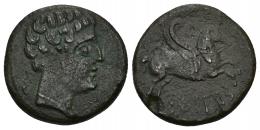 HISPANIA ANTIGUA. SESARS. Semis. A7 Cabeza masculina a der., detrás signo ibérico S. R/ Pegaso a der., debajo SESARS. AE 6,53 g. 20,89 mm. I-2200. ACIP-1408. Erosión en rev. Pátina oscura. MBC/MBC-. Rara. Ex Áureo, 26-4-1994, lote 2256.