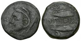 HISPANIA ANTIGUA. SEKS. Unidad. A/ Cabeza de Melkart a izq. con leonté y clava. R/ Dos atunes a der., encima estrella, debajo creciente con glóbulo, en medio, en cartela mp´l sks. AE 13,85 g. 26,66 mm. I-2231. ACIP-814. Pátina oscura. MBC/MBC-. Ex subasta Áureo 31 (1992), lote 323.