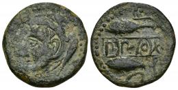 HISPANIA ANTIGUA. SEKS. As. A/ Cabeza de Melkart a izq. R/ Dos atunes a izq., en medio entre líneas mp´l sks, encima aleph y debajo creciente. AE 8,58 g. 25,2 mm. I-No. ACIP-820. BC+/MBC. Rara.