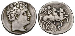 HISPANIA ANTIGUA. KESE. Denario. A/ Cabeza masculina con collar a der. R/ Jinete con palma y dos caballos, debajo KeSE sobre línea. AR 3,72 g. 19,4 mm. I-2266. ACIP-1122. MBC-.