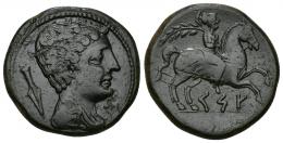 HISPANIA ANTIGUA. KESE. Unidad. A/ Cabeza masculina con cuello vestido a der., detrás punta de lanza. R/ Jinete con palma a der., debajo sobre línea KeSE. AE 13,05 g. 27 mm. I-2284. ACIP-1146. Rayitas en rev. Pátina oscura. MBC.