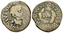 HISPANIA ANTIGUA. TURIASO. Augusto. As. A/ Cabeza laureada a der.; IMP AVGVSTVS PATER PATRIAE. R/ Corona cívica rodeando II VIR, alrededor MVN TVRIASO L MARIO L NOVIO. Contramarca cabeza de águila en anv. AE 12,32 g. 29,2 mm. I-2439. APRH-411a. ACIP-3284. BC+. Muy rara.
