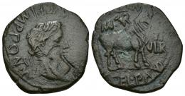 HISPANIA ANTIGUA. TURIASO. Tiberio. As. A/ Cabeza laureada a der. R/Toro parado a der., encima MVN TVR, delante II/VIR, alrededor (L CAEC AQVIN). M GEL PALVD. Contramarca cabeza de águila en anv. AE 10,74 g. 28 mm. I-2454. APRH-419a. ACIP-3292. Pátina verde. MBC. Rara.