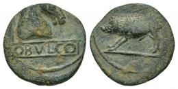 HISPANIA ANTIGUA. OBULCO. Cuadrante. A/ Cabeza de caballo a der., debajo en cartela OBVLCO. R/ Jabalí a izq. AE 3,47 g. 16,8 mm. I-1853. ACIP-2249. Anv. ligeramente descentrado. Pátina verde. MBC. Muy rara.