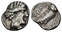 GRECIA ANTIGUA. LUCANIA. Velia. Dracma (s. V a.C.). A/ Cabeza femenina a der. R/ Lechuza a der., delante rama de olivo, detrás UELH. AR 3,74 g. 16,20 mm. COP-1529. SBG-452 vte. MBC-. Ex colección Guadán, 1453.
