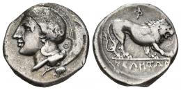 GRECIA ANTIGUA. LUCANIA. Velia. Didracma (fines s. V-principios IV a.C.). A/ Cabeza de Atenea a der., detrás Q. R/ León a der., encima F, en exergo UELHTWN. AR 7,28 g. 21,37 mm. COP-1542 vte. SBG-454 vte. MBC-. Ex colección Guadán, 1456. 