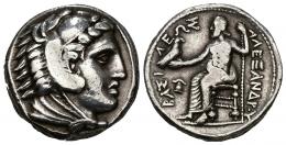 GRECIA ANTIGUA. MACEDONIA. Alejandro III. Anfípolis. Tetradracma (c. 323-320 a.C.). R/ Delante del trono casco macedonio. AR 17,13 g. 24,5 mm. PRC-113. Ligeramente abrillantada. MBC/MBC-. Ex colección Guadán, 1764. 