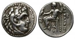 GRECIA ANTIGUA. MACEDONIA. A nombre de Alejandro III. Dracma. Magnesia ad Meandrum (c. 319-c.305 a.C.). R/ Delante y debajo del trono monogramas, detrás de la ley. B. AR 4,15 g. 16,8 mm. PRC-1959. MBC.