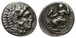 GRECIA ANTIGUA. MACEDONIA. A nombre de Alejandro III. Dracma. Mileto (c. 325-319 a.C.). R/ Monograma delante del trono. AR 4,27 g. 16,55 mm. PRC-2124. Golpe en anv. MBC+/MBC. 