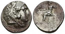 GRECIA ANTIGUA MACEDONIA. A nombre de Alejandro III. Tetradracma. Sidón (320-319 a.C.). R/ Delante del trono Z, debajo SI. AR 16,91 g. 26 mm. PRC-No. Pequeñas erosiones. Leve vano en anv. EBC-/MBC+.
