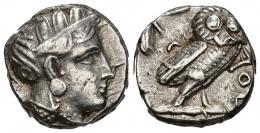 GRECIA ANTIGUA. ÁTICA. Atenas. Tetradracma. A/ Cabeza de Atenea a der. R/ Lechuza con rama de olivo. AR 17,19 g. 22,2 mm. COP-34 ss. MBC-/MBC.