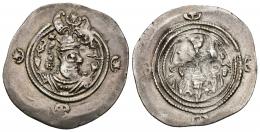 GRECIA ANTIGUA. IMPERIO SASÁNIDA. Cosroes V. Dracma. Veh Artashir (632-?). AR 4,05 g. 31,50 mm. SEP-73. MBC+.