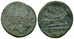 REPÚBLICA ROMANA. ANÓNIMO. Sextante. Roma (217-215 a.C.). A/ Cabeza de Mercurio con pétaso a der. AE 22,16 g. 29,5 mm. CRAW-38.5. Pátina verde. BC+/MBC-.