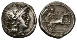 REPÚBLICA ROMANA. ANÓNIMO. Denario. Roma (211 a.C.). A/ Cabeza de Roma a der., detrás X. R/ Victoria con fusta en biga a der., debajo en cartela ROMA. AR 4,29 g. 16,44 mm. CRAW-197.1. FFC-77. Ligeramente abrillantada. MBC.