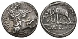 REPÚBLICA ROMANA. CAECILIA. C. Caecilius Metellus Caprarius. Denario. Roma (125 a.C.). A/ Cabeza de Roma a der., detrás ROMA. R/ Júpiter en biga de elefantes a izq. encima Victoria a der. sobrevolando, en exergo C METELLVS. AR 3,85 g. 17,53 mm. CRAW-269.1. FFC-203. Hojas sin saltar. MBC/MBC+.