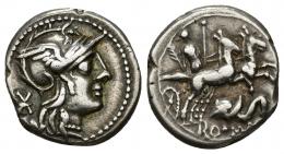 REPÚBLICA ROMANA. CAECILIA. L. Caecilius Metellus Diadematus? Denario. Roma (128 a.C.). A/ Cabeza de Roma a der. R/ ¿Pietas? en biga a der., debajo cabeza de elefante y ROMA. AR 3,96 g. 17,27 mm. CRAW-262.1. FFC-209. MBC/MBC-.