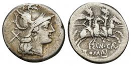 REPÚBLICA ROMANA. CALPURNIA. Denario. Roma (189-180 a.C.). R/ Debajo de los Diócuros CN CALP y ROMA en cartela. AR 3,43 g. 18,6 mm. CRAW-153.1. FFC-224. BC+.