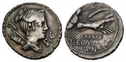 REPÚBLICA ROMANA. CLAUDIA. T. Claudius Nero. Denario. Roma (79 a.C.). A/ Busto de Diana a der. con arco y carcaj sobre el hombro, detrás S C. R/ Victoria en biga a der. con palma y corona, debajo CXXXXII/ TI CLAVD (TI F) AP N. AR 3,55 g. 18,92 mm. CRAW-383.1. FFC-567. MBC.